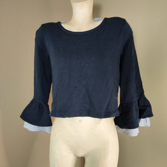 MAEVE Anthropologie Navy Blue White Flounced Bow-Black Pullover S NEW - Picture 3 of 8